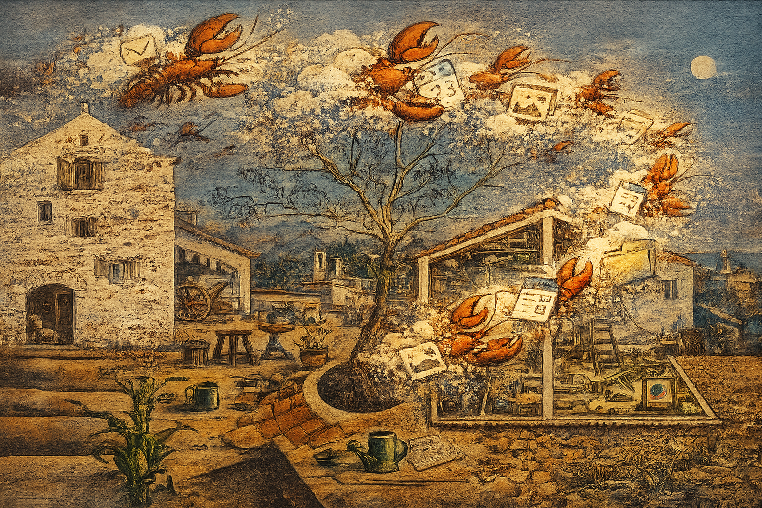 Authors mashup of lobsters chasing apps superimpose on Joao Miro&rsquo;s The Farm
